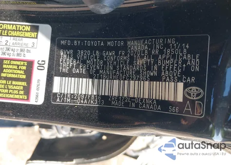 2015 Toyota Corolla Le из США, поврежденный, VIN 2T1BURHE0FC297965